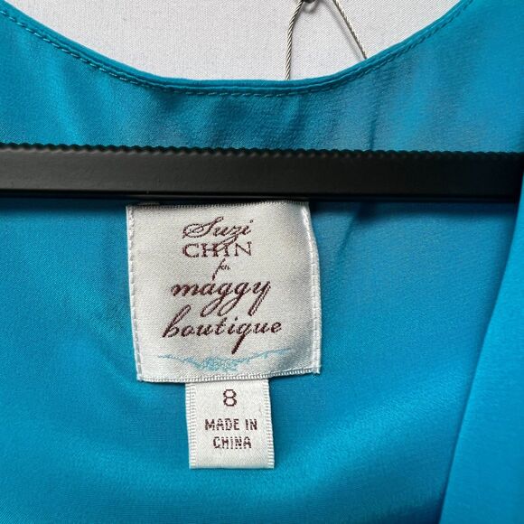Suzi Chin Maggy Boutique 100% Silk Blue Color Blocked Draped Sleeveless Dress 8 - Picture 5 of 11